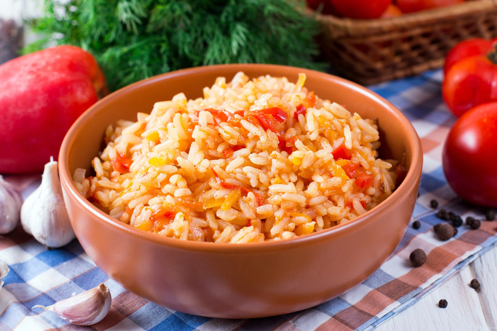 Mexican rice in terracotta bowl with orange-red tomato color, fluffy long grain rice, diced tomatoes, visible seasonings, garlic and fresh herbs in background