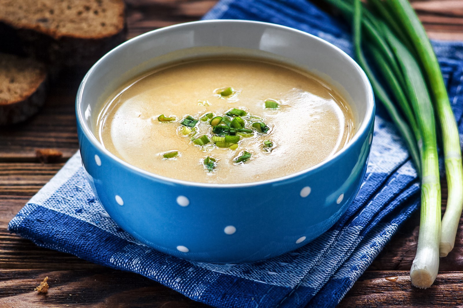 French vichyssoise cold potato leek soup, pale cream color, garnished with chopped green onions in blue polka dot bowl with fresh leeks