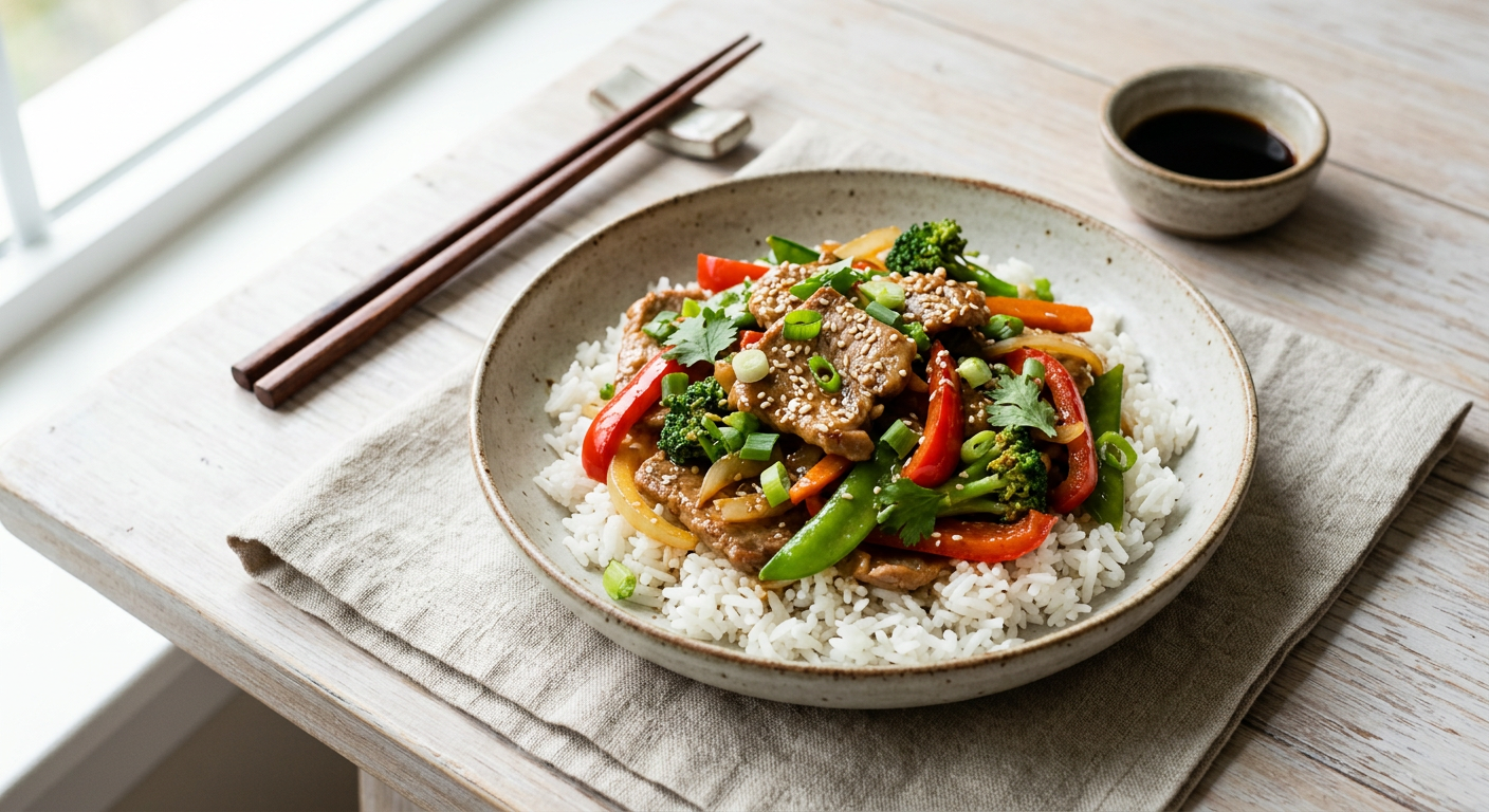 Classic Pork Stir Fry with Vegetables and Rice
