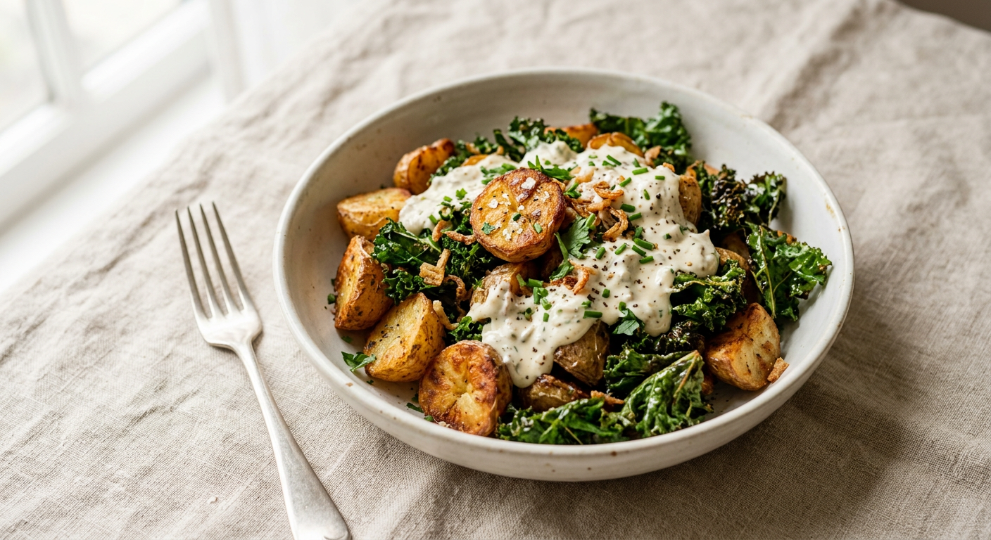 Crispy Potatoes and Kale with Mayo Shallot Garlic Cream Sauce