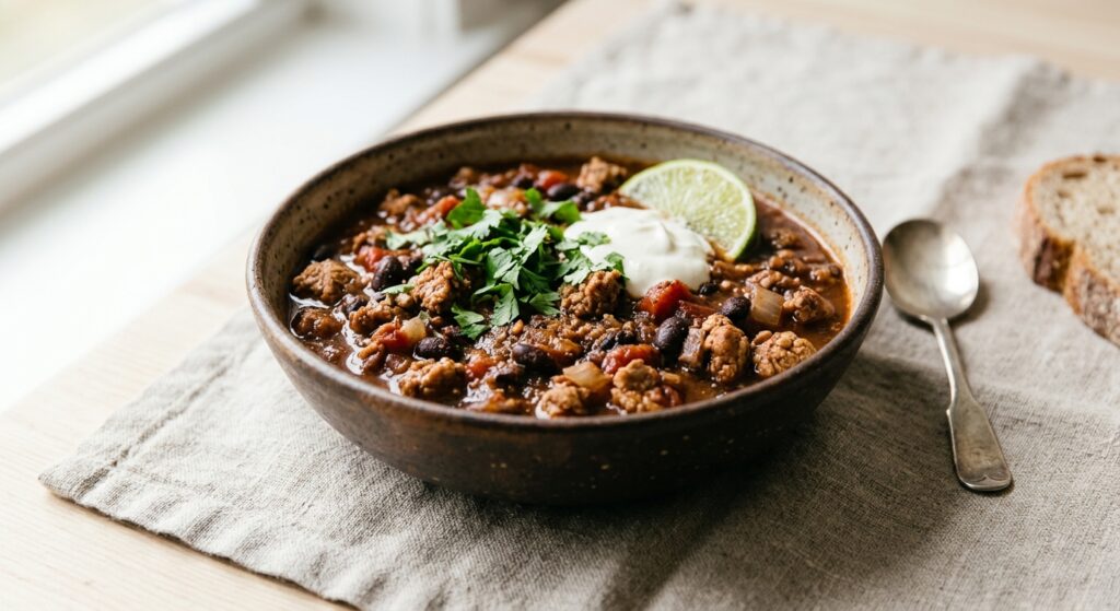 Hearty Turkey and Dark Cocoa Black Bean Chili garnished with fresh herbs in a ceramic bowl
