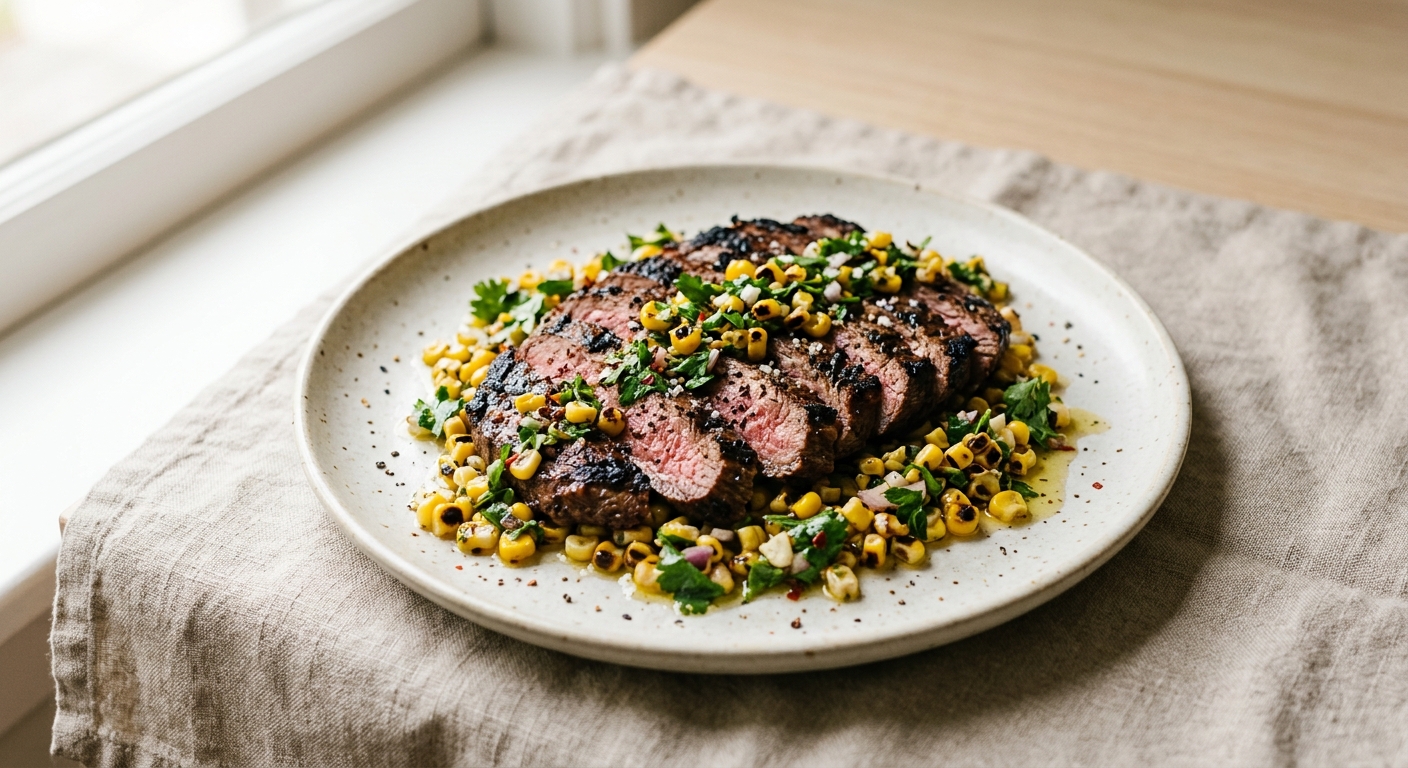 Grilled Flank Steak with Charred Sweet Corn Chimichurri