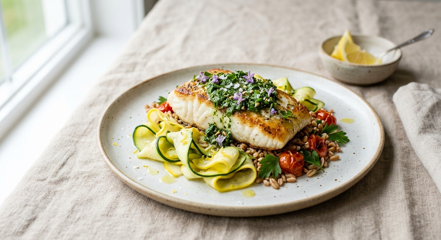Pan-Seared Halibut with Zucchini Ribbons and Herb Pistou